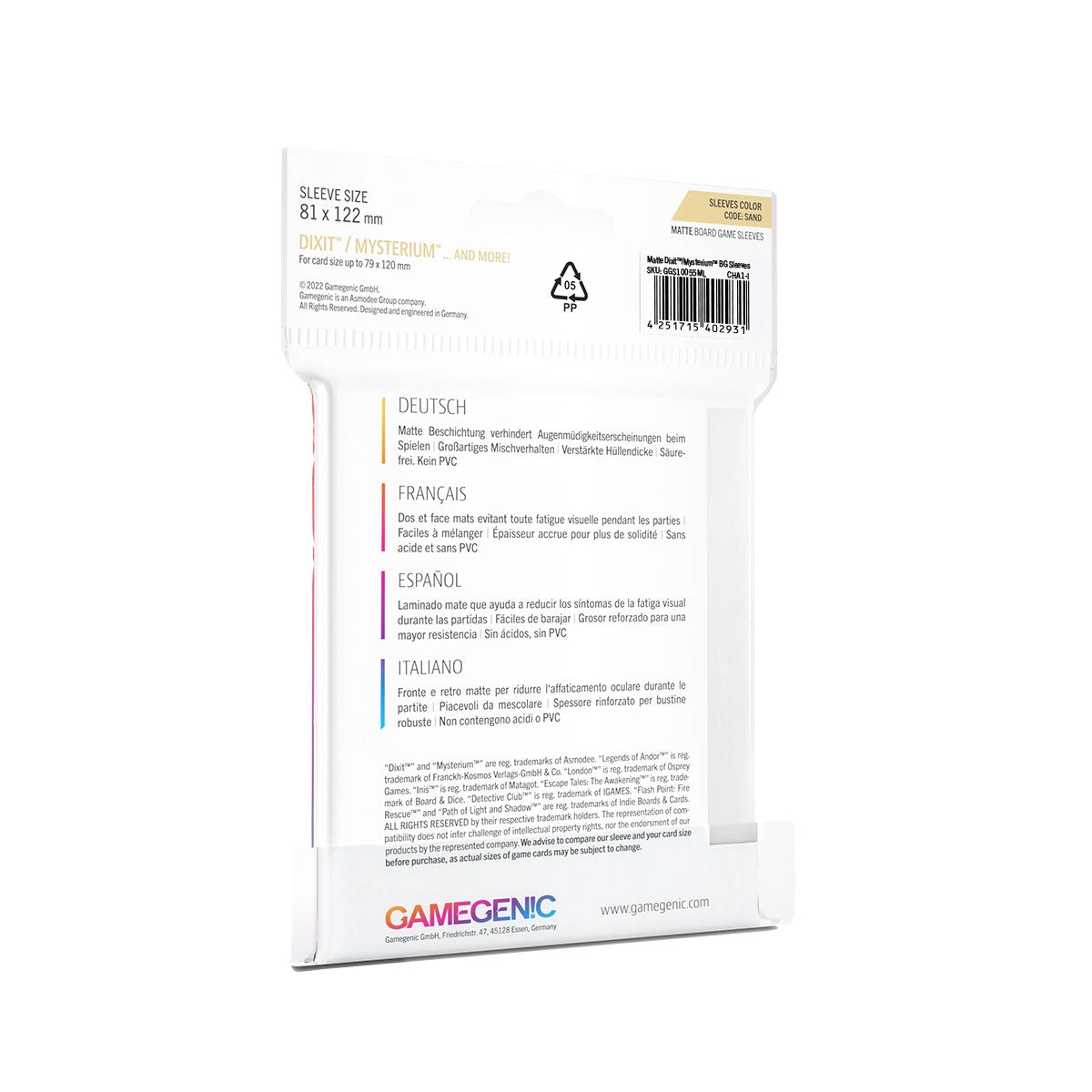 Gamegenic Matte Sleeves: SAND (81x122mm) Rückseite