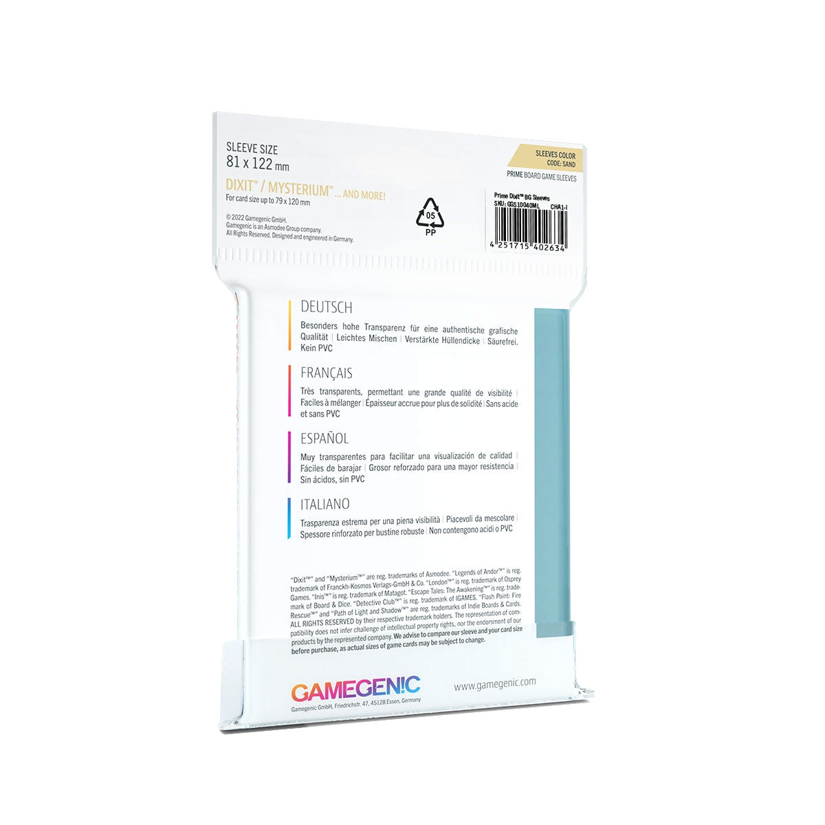 Gamegenic Prime Sleeves: SAND (81x122mm) Rückseite